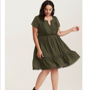 Olive Green Challis Lace Inset Dress